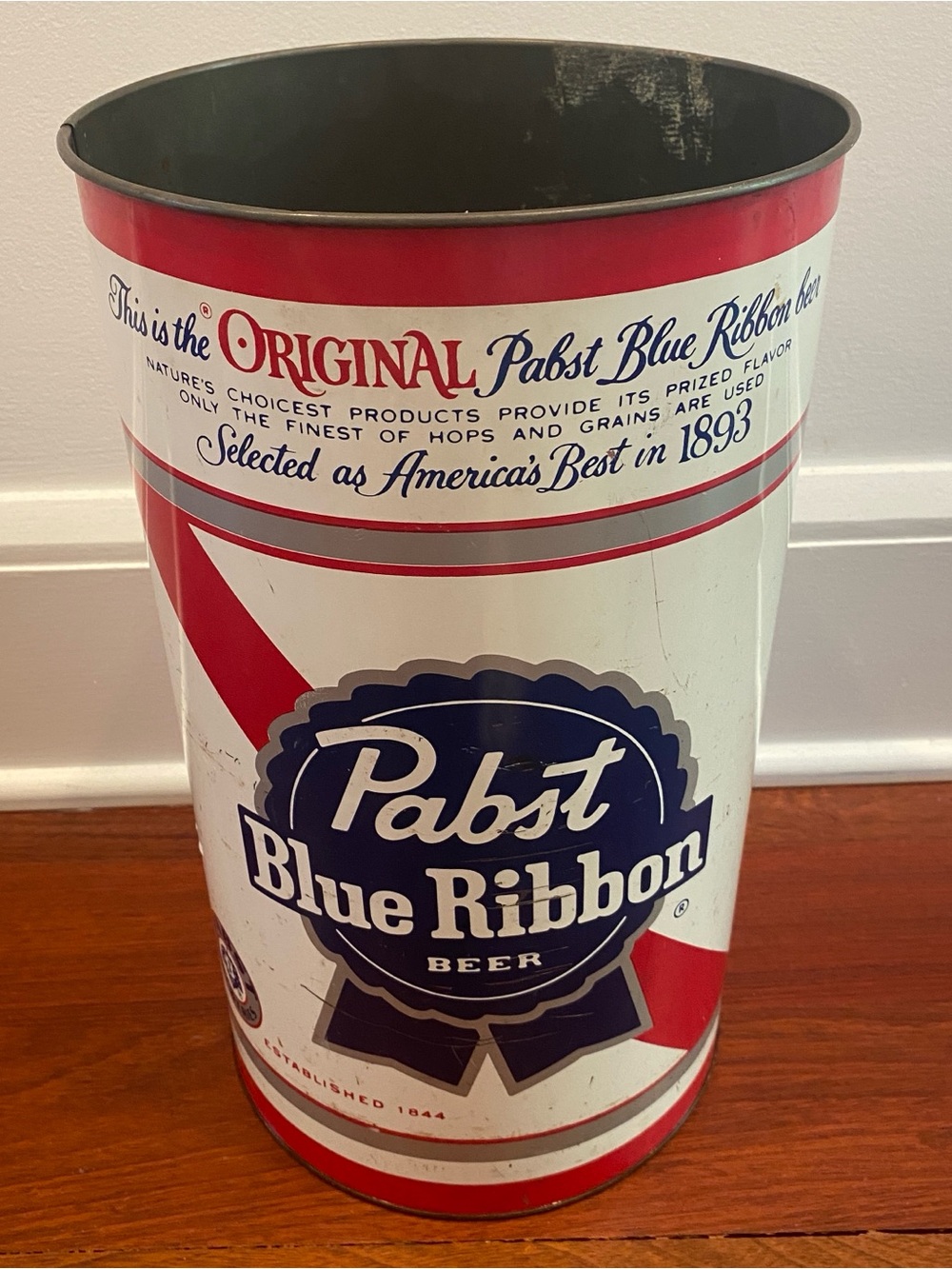 Pabst Blue Ribbon Large Metal Waste Trash Can Bin - Red, White, Blue Vintage